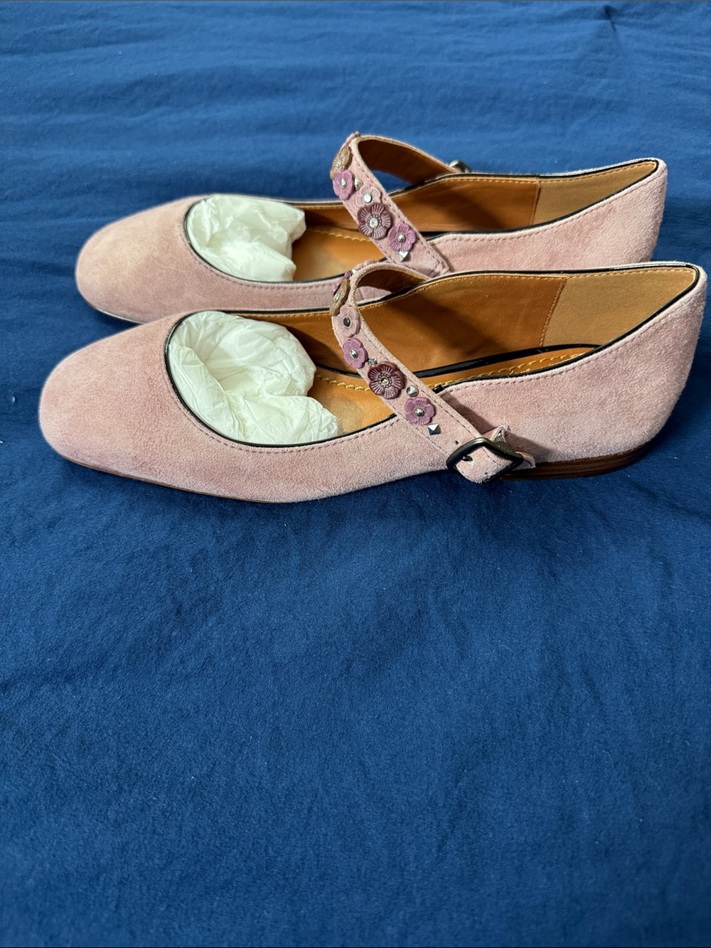 Coach Pink Suede Mary Jane Flats with Floral Strap - Picture 3 of 5